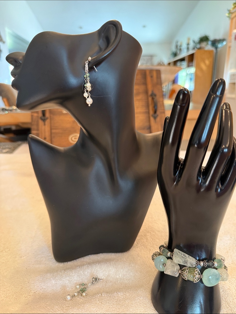 Artisan Aqua Marine and Hill Tribe Silver Bracelets and Complimentary Earrings